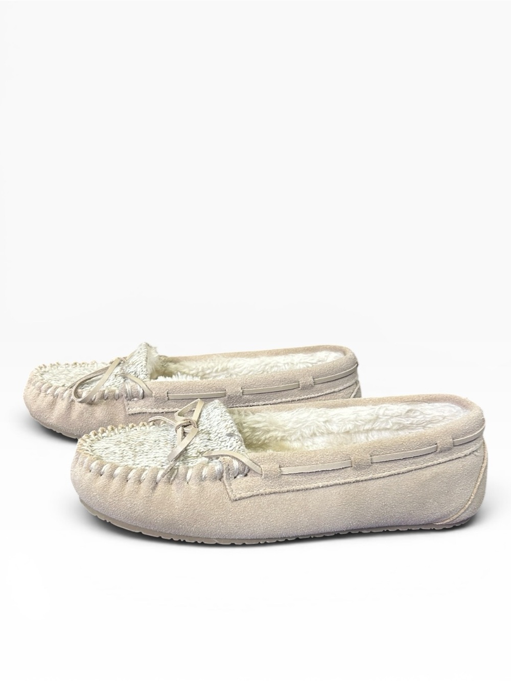 Minnetonka Suede Moccasin Slippers Knit Vamp in Taupe Size 7 NEW